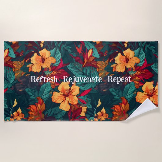 カラフルハイビスカス、イエローオレンジグリーンフローラ ビーチタオル (正面)