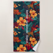 カラフルハイビスカス、イエローオレンジグリーンフローラ ビーチタオル (正面)