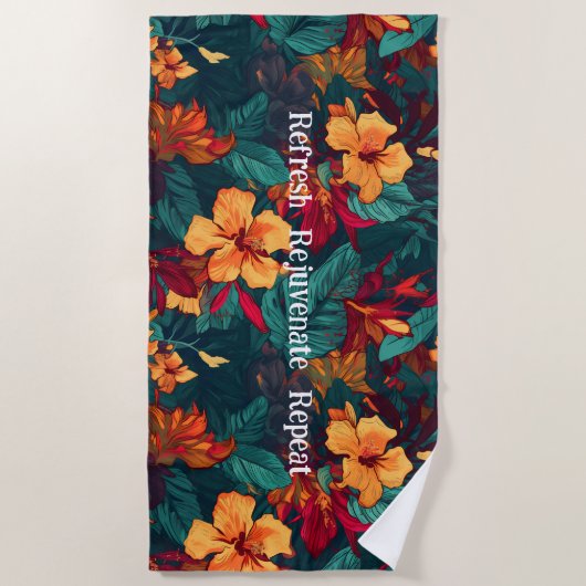 カラフルハイビスカス、イエローオレンジグリーンフローラ ビーチタオル (正面)