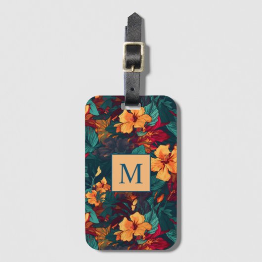 カラフルハイビスカス、イエローオレンジグリーンフローラ ラゲッジタグ (正面縦)