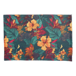 カラフルハイビスカス、イエローオレンジグリーンフローラ 枕カバー