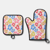 カラフルハイビスカス、花のパターン 鍋つかみ&鍋敷きセット (正面)