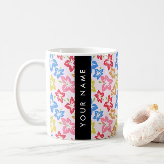 カラフルハイビスカス 花の模様 あなたの名前 コーヒーマグカップ (ドーナツ)
