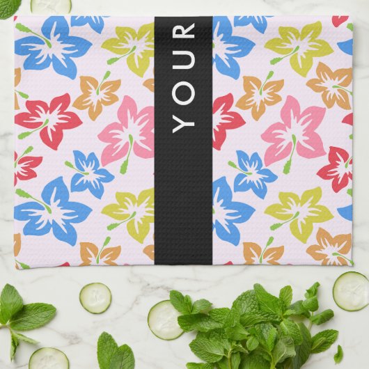 カラフルハイビスカス、花の模様、お名前 キッチンタオル (折り畳み)