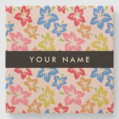 カラフルハイビスカス、花の模様、お名前 ストーンコースター (正面)