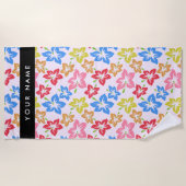 カラフルハイビスカス、花の模様、お名前 ビーチタオル (正面)