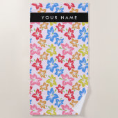 カラフルハイビスカス、花の模様、お名前 ビーチタオル (正面)