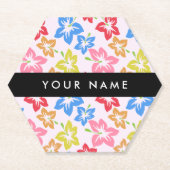 カラフルハイビスカス、花の模様、お名前 ペーパーコースター (正面)