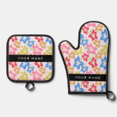 カラフルハイビスカス、花の模様、お名前 鍋つかみ&鍋敷きセット (正面)