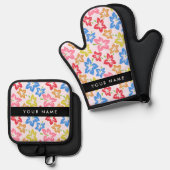 カラフルハイビスカス、花の模様、お名前 鍋つかみ&鍋敷きセット (正面/裏面)