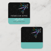 カラフルハサミと黒とティール(緑がかった色)モダンはっきりした スクエア名刺 (正面/裏面)