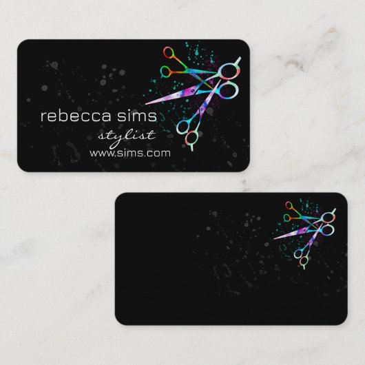 カラフルハサミと黒とティール(緑がかった色)モダンはっきりした 名刺 (正面/裏面)
