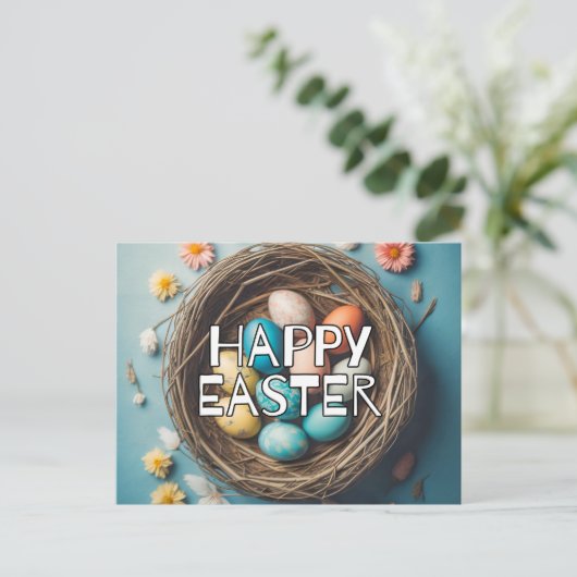 カラフルハッピーイースターバスケットと卵 ポストカード (スタンド正面)