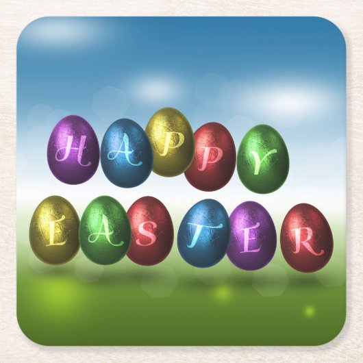カラフルハッピーイースター卵 スクエアペーパーコースター (正面)