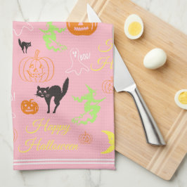 カラフルハッピーハロウィンパターンピンク キッチンタオル