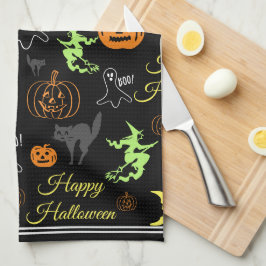カラフルハッピーハロウィンパターンブラック キッチンタオル