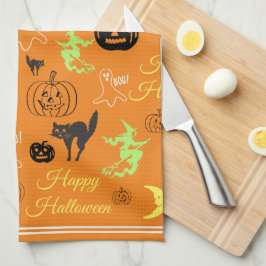 カラフルハッピーハロウィンパターン オレンジ キッチンタオル