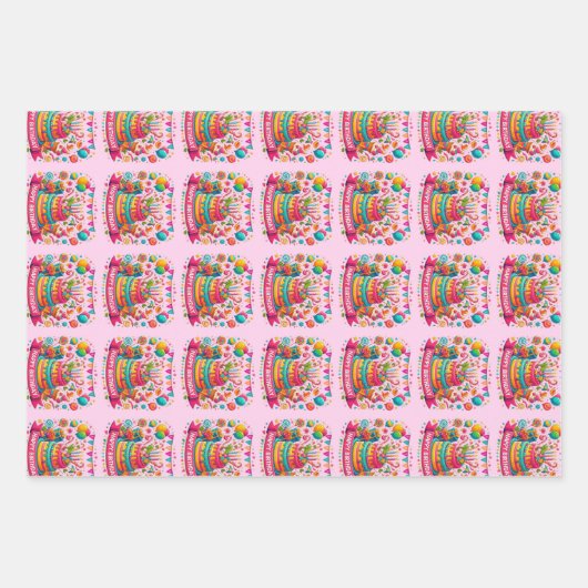 カラフルハッピーバースデーケーキお祝い ラッピングペーパーシート (正面)