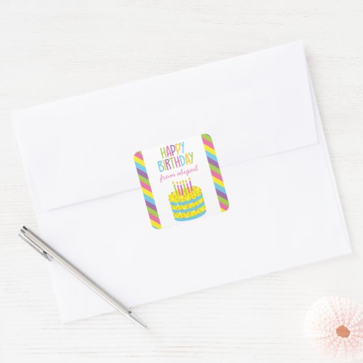 カラフルハッピーバースデーケーキギフトステッカー スクエアシール (封筒)