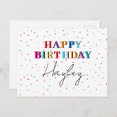 カラフルハッピーバースデー名前をカスタムする紙吹雪 シーズンポストカード (正面/裏面)