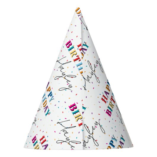 カラフルハッピーバースデー名前をカスタムする紙吹雪 パーティーハット (裏面)