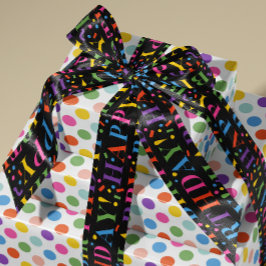 カラフルハッピーバースデー文字紙吹雪オンブラック サテンリボン