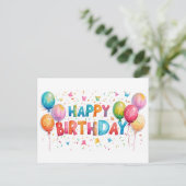 カラフルハッピーバースデー紙吹雪と風船 ポストカード (スタンド正面)