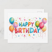 カラフルハッピーバースデー紙吹雪と風船 ポストカード (正面/裏面)