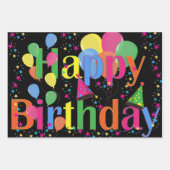カラフルハッピーバースデー風船と星黒 ラッピングペーパーシート (正面3)