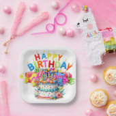 カラフルハッピーバースデー ペーパープレート (パーティー)