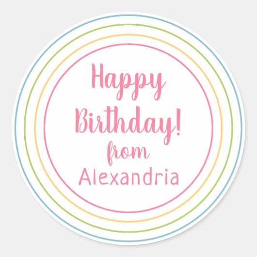 カラフルハッピーバースデーfrom nameパステルピンク ラウンドシール (正面)