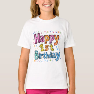 カラフルハッピー1stバースデーお祝いテキスト tシャツ