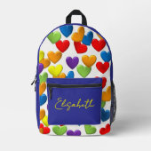 カラフルハートとユーザー名 プリントバックパック (正面)