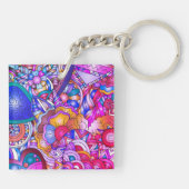 カラフルハートと花抽象芸術パーソナライズされた キーホルダー (裏面)
