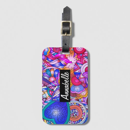 カラフルハートと花抽象芸術パーソナライズされた ラゲッジタグ (正面縦)