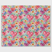 カラフルハートと花 ラッピングペーパー (フラット)