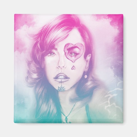 カラフルハートアイガールスクエアマグネット – レインボーマグネット マグネット (正面)