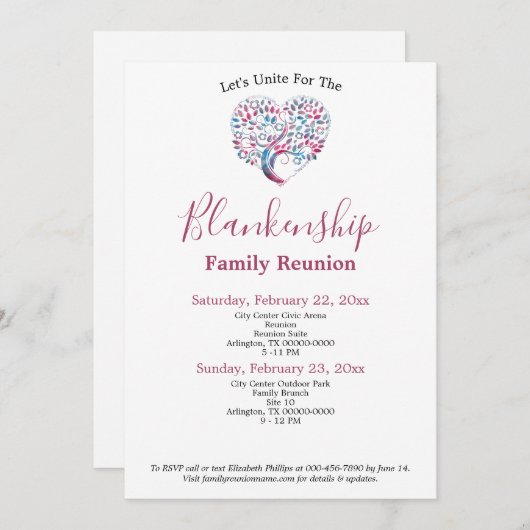 カラフルハートシェイプツリーファミリ懇親会テンプレート 招待状 (正面/裏面)