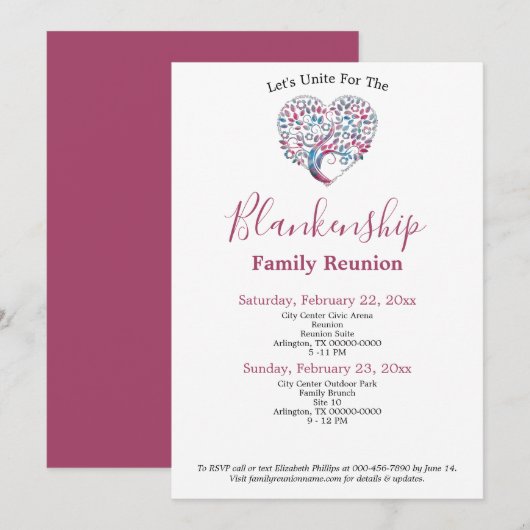 カラフルハートシェイプツリーファミリ懇親会テンプレート 招待状 (正面/裏面)