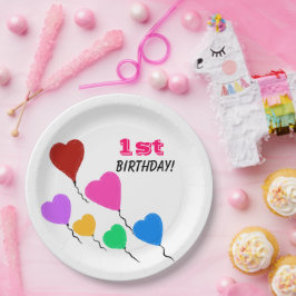 カラフルハートバルーンの1歳の誕生日 ペーパープレート