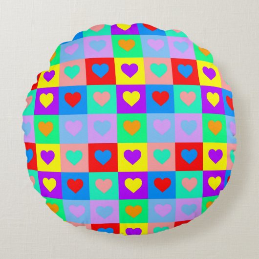 カラフルハートパタポップ・アートのーン ラウンドクッション (正面)