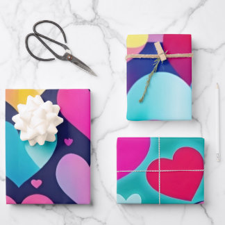 カラフルハートラッピング紙フラットシートセット3 ラッピングペーパーシート