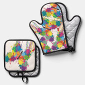 カラフルバタフライドリッ絵を描プウォーター式キッチン 鍋つかみ&鍋敷きセット (正面/裏面)