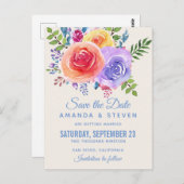 カラフルバラ水色フローラ保存日付 ポストカード (正面/裏面)