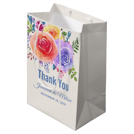 カラフルバラ水色フローラ結婚お願い ミディアムペーパーバッグ (正面アングル)
