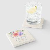 カラフルバラ水色フローラ結婚 ストーンコースター (横)