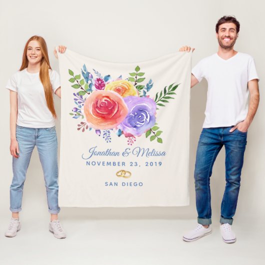 カラフルバラ水色フローラ結婚 フリースブランケット (インサイチュ)