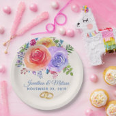 カラフルバラ水色フローラ結婚 ペーパープレート (パーティー)