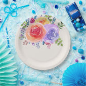 カラフルバラ水色フローラ ペーパープレート (パーティー)