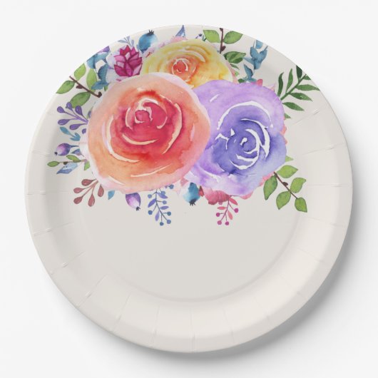 カラフルバラ水色フローラ ペーパープレート (正面)